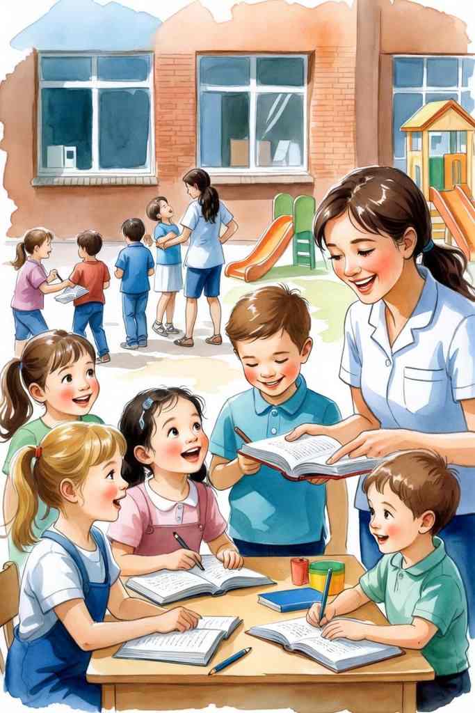 Erzieherin mit Kindern beim Lernen